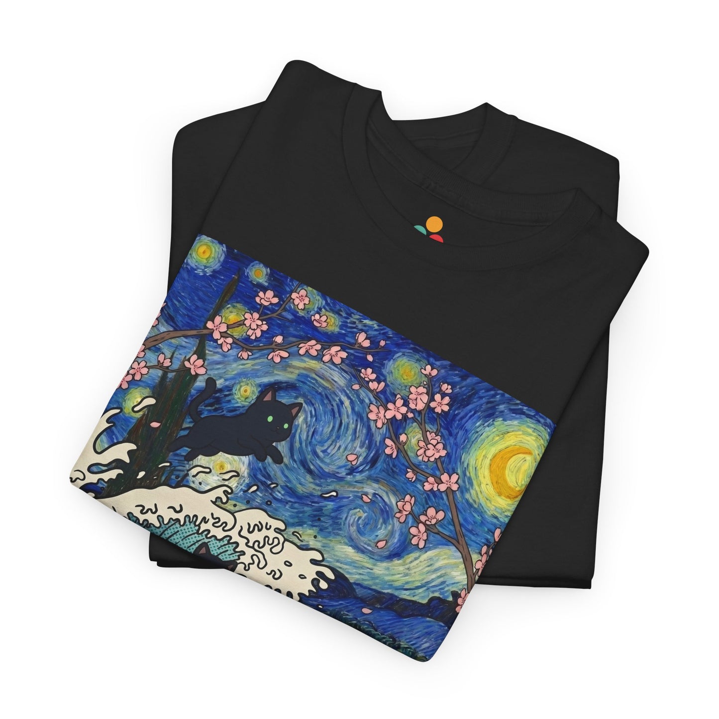 Van Gogh Starry Night Black Cat Wave T-Shirt – Aesthetic Impressionism Inspired Fine Art Tee | TEEZOCA 