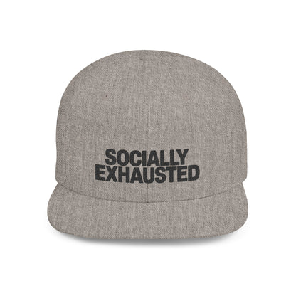 Gray cap with 'SOCIALLY EXHAUSTED' text on a white background