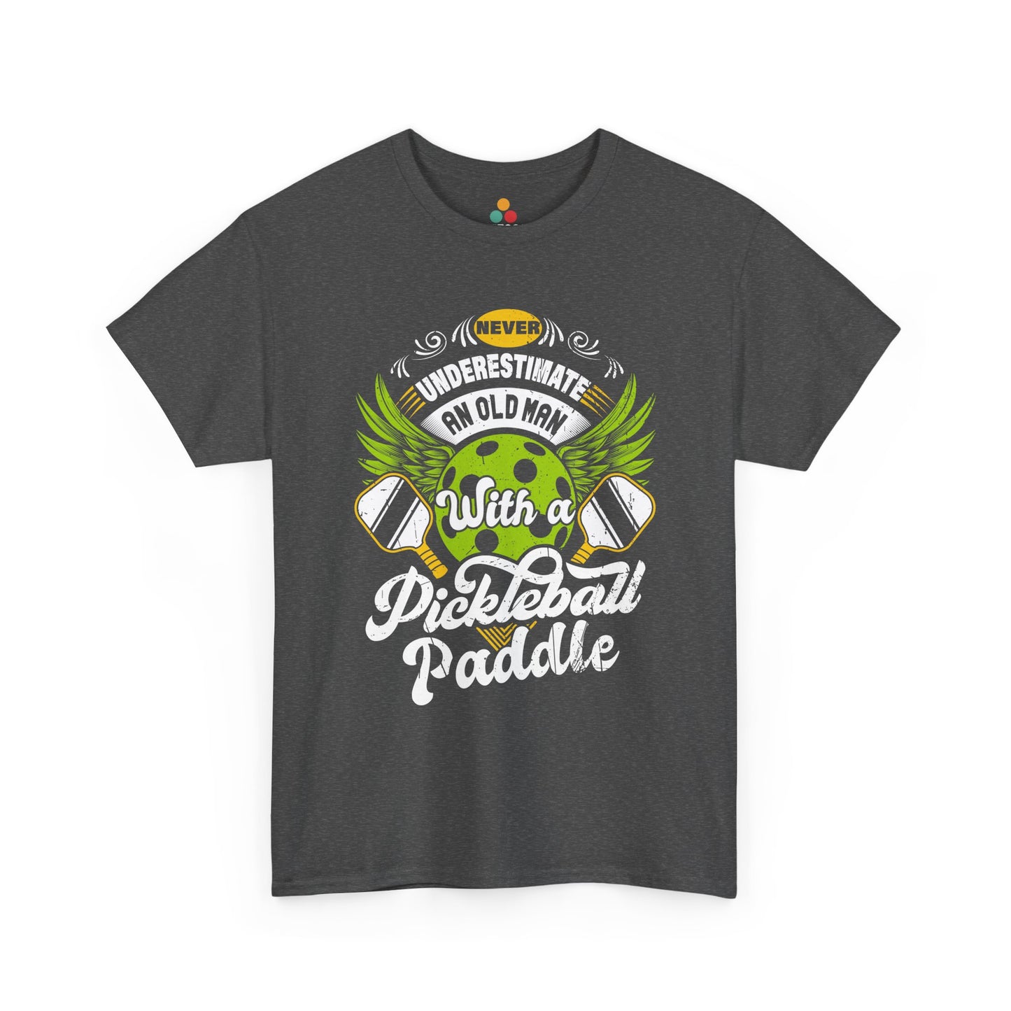 “Teezoca gray Never Underestimate an Old Man with a Pickleball Paddle shirt, vintage sports design, humorous pickleball player tee, front view.”

