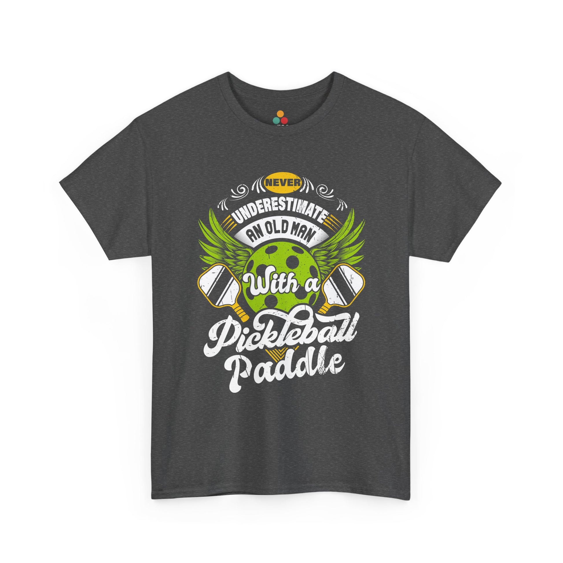 “Teezoca gray Never Underestimate an Old Man with a Pickleball Paddle shirt, vintage sports design, humorous pickleball player tee, front view.”

