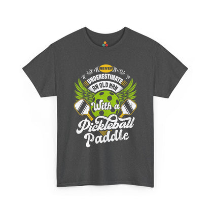 “Teezoca gray Never Underestimate an Old Man with a Pickleball Paddle shirt, vintage sports design, humorous pickleball player tee, front view.”

