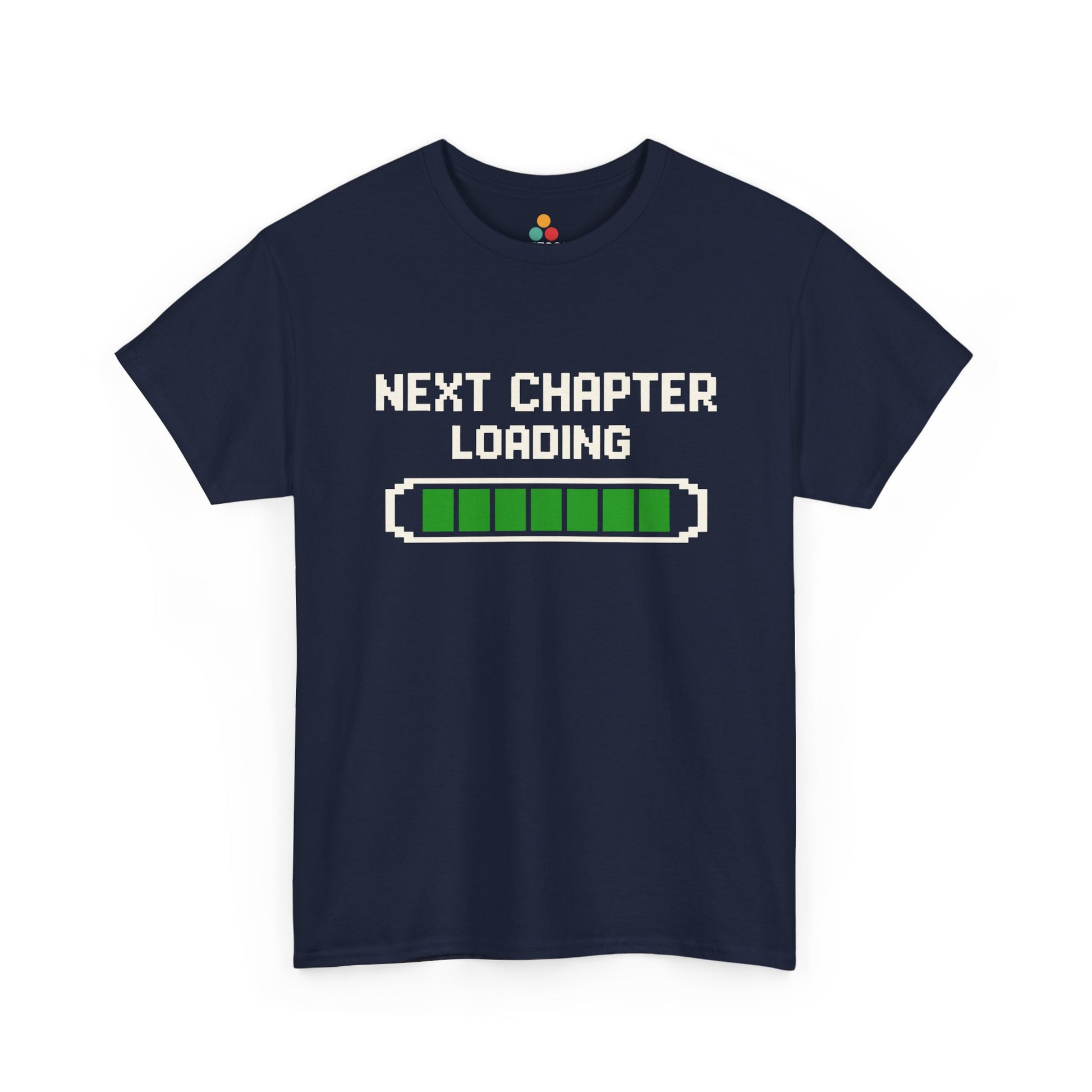 Navy TEEZOCA “NEXT CHAPTER LOADING” retro gamer style graduation t‑shirt.