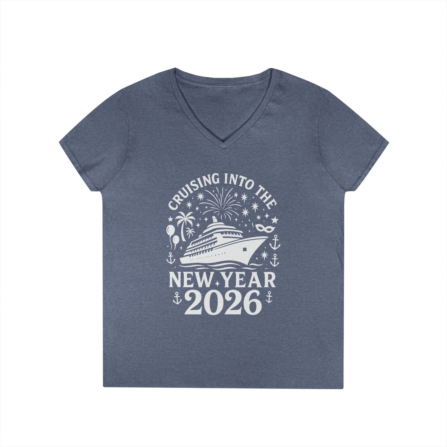 Blue t-shirt with New Year's design featuring a cruise ship and text on a white background