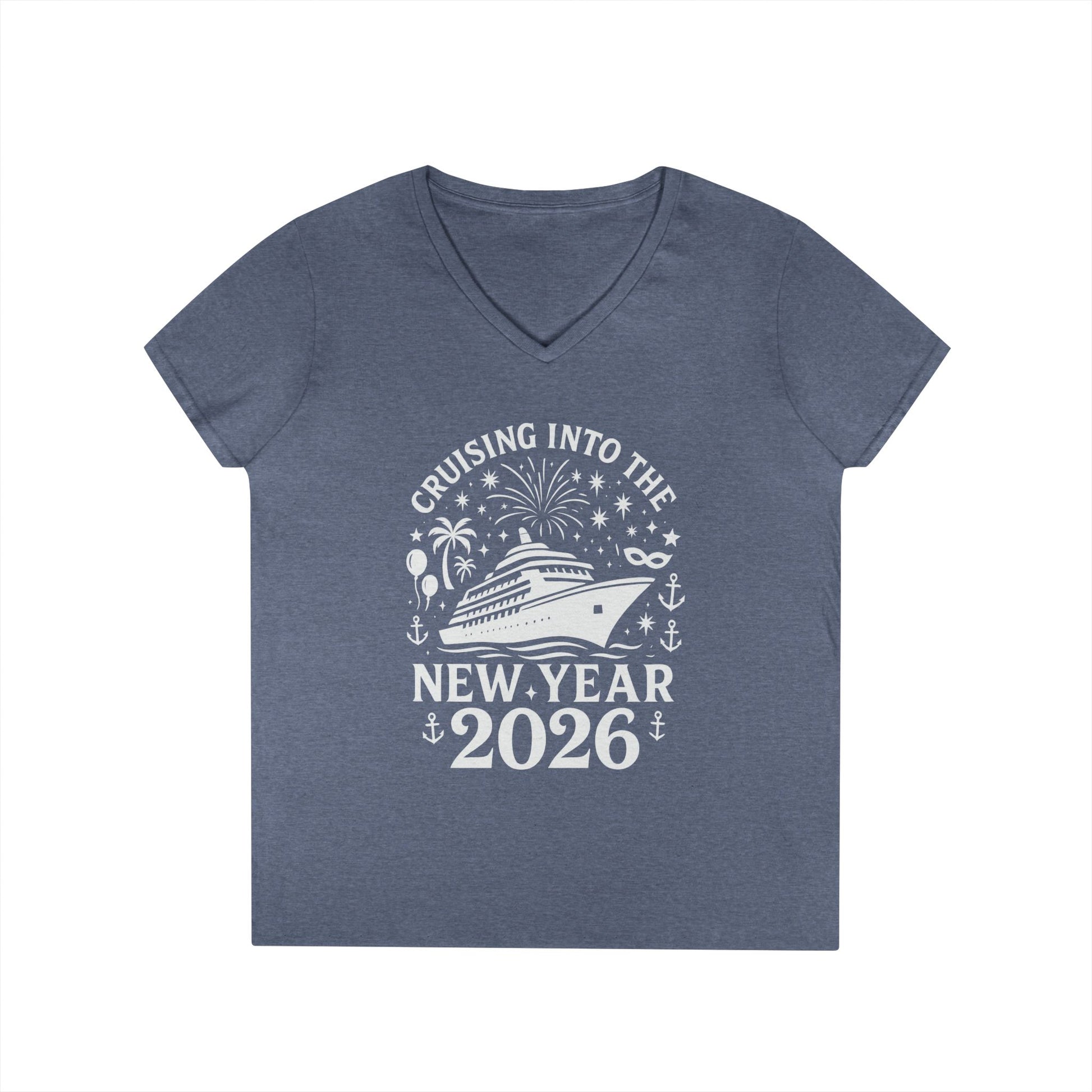 Blue t-shirt with New Year's design featuring a cruise ship and text on a white background