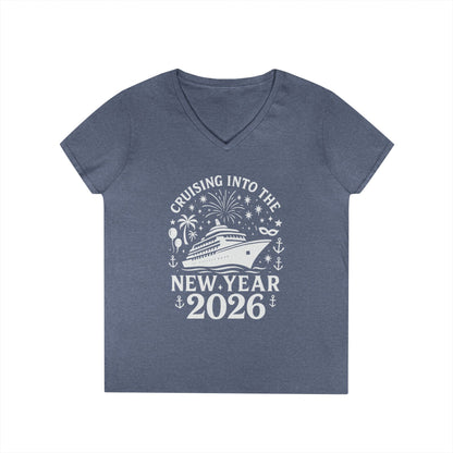 Blue t-shirt with New Year's design featuring a cruise ship and text on a white background