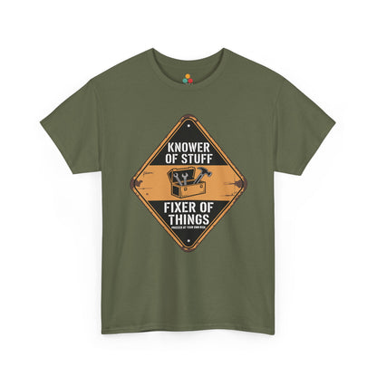 TEEZOCA Military Green “Knower Of Stuff Fixer Of Things” funny dad handyman t-shirt laid flat.