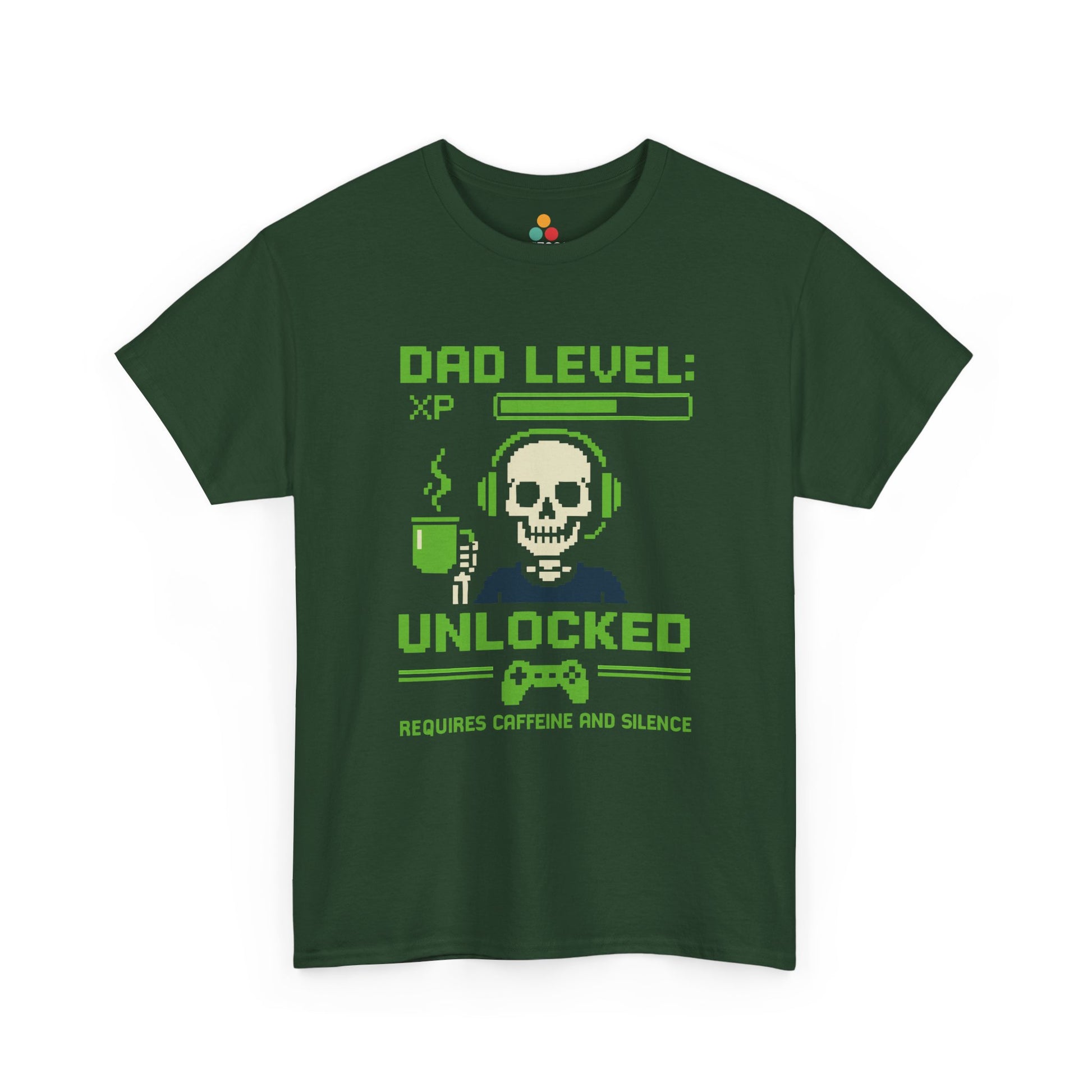 “Dark heather gray t‑shirt with neon green pixel skull gamer dad design and controller, flat front.”

