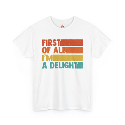“White t‑shirt with retro orange, yellow, and teal bars and text reading ‘First Of All I’m A Delight’, flat front view.”

