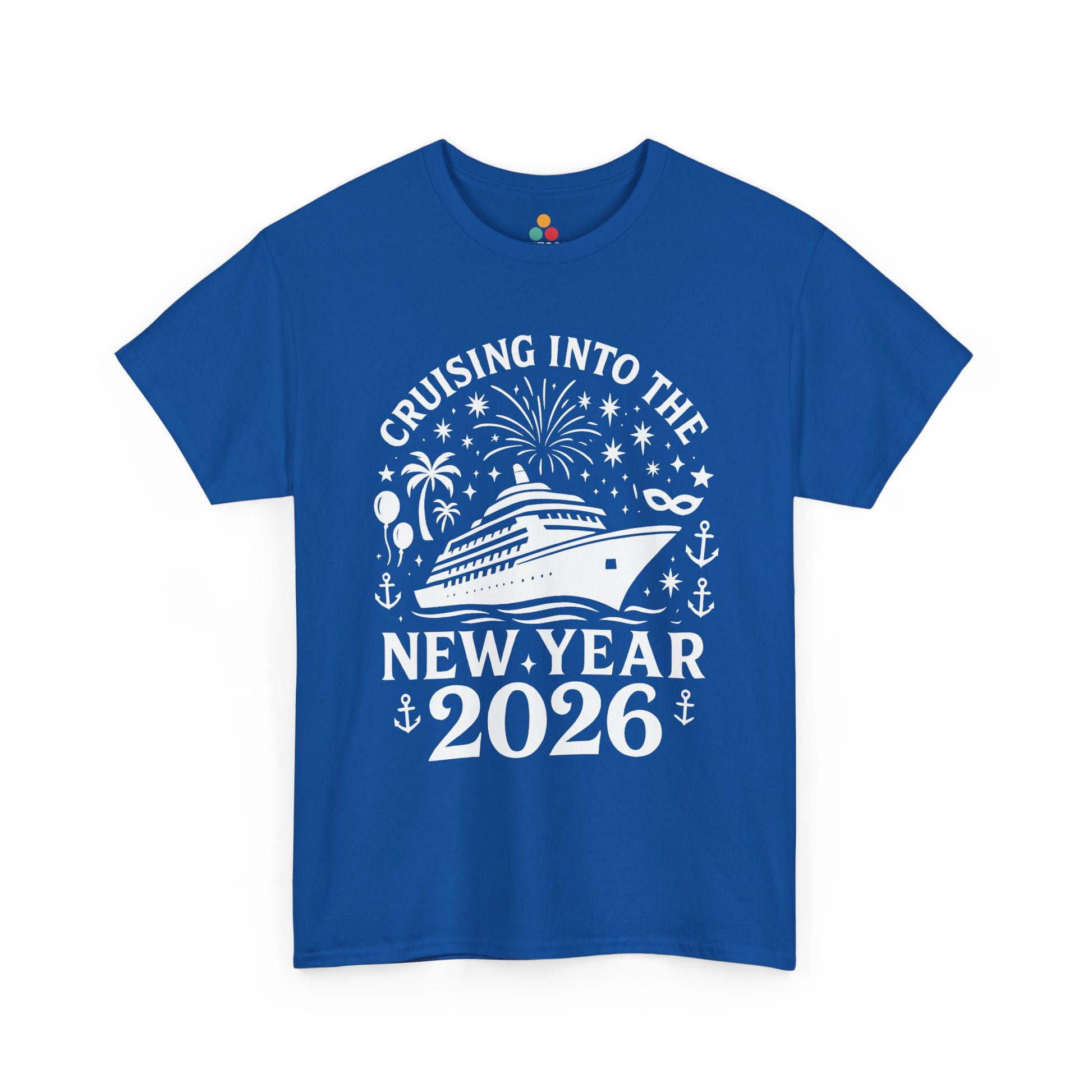 Blue t-shirt with New Year 2026 design featuring a cruise ship on a white background