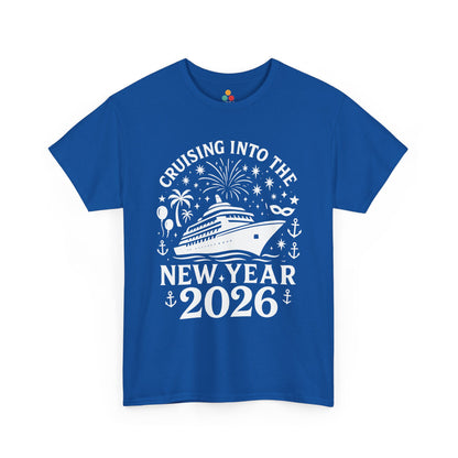 Blue t-shirt with New Year 2026 design featuring a cruise ship on a white background