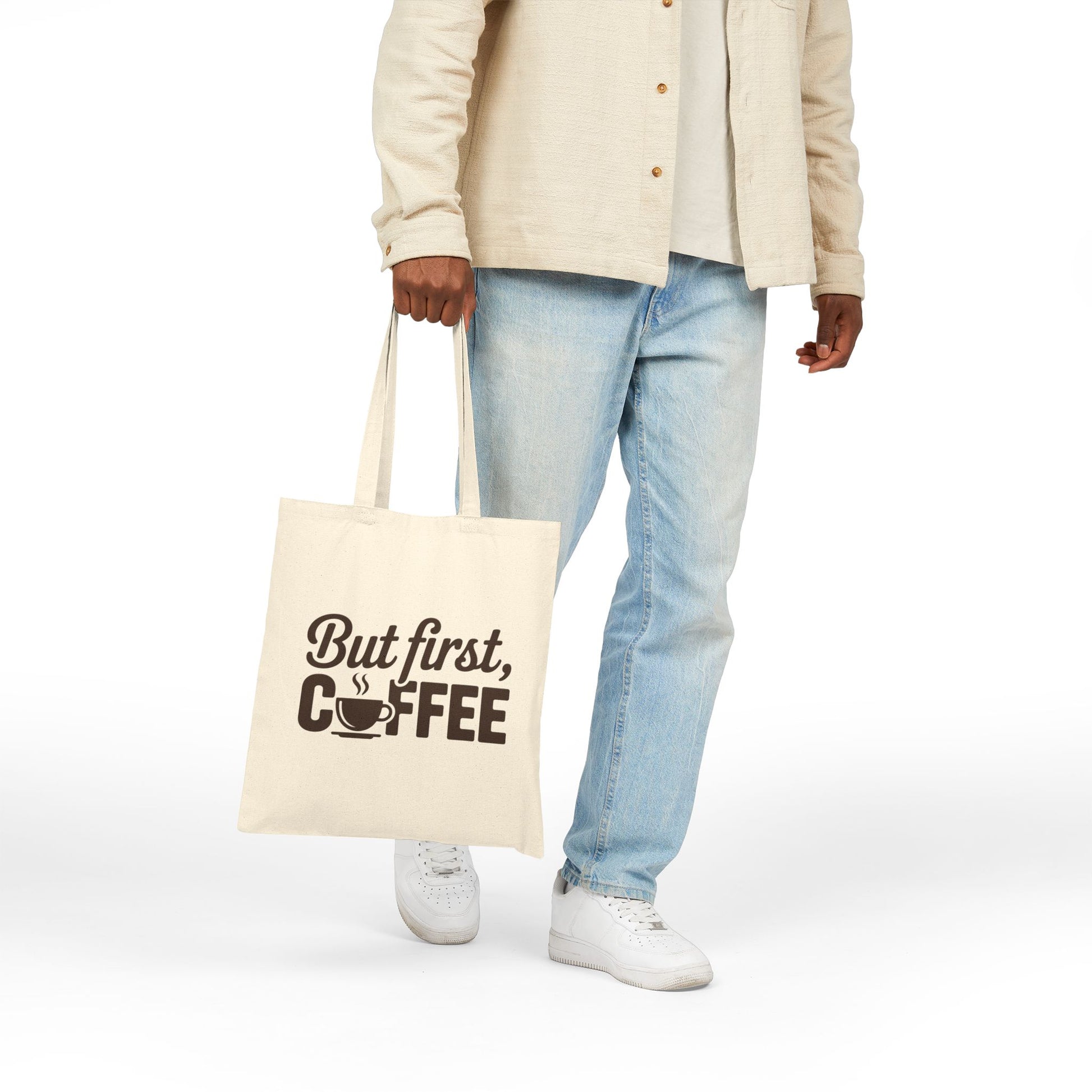 Minimal coffee-themed typography design on a modern TEEZOCA tote bag