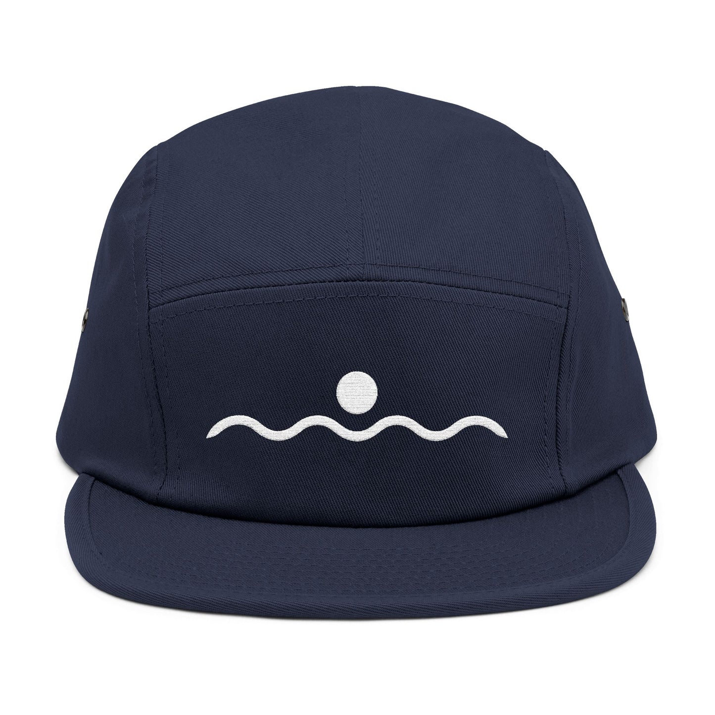 Navy blue cap with white wave and circle design on a white background. Minimal sunset and wave line-art graphic in white. TEEZOCA