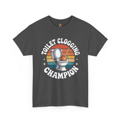 TEEZOCA dark gray “Toilet Clogging Champion” retro sunset graphic tee shown flat.