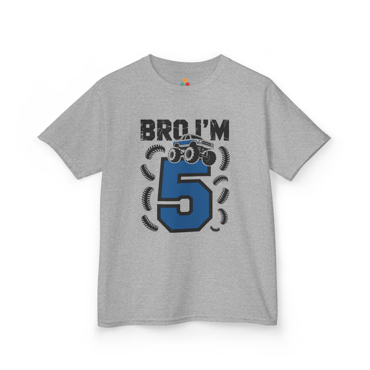 Sport grey kids' t‑shirt with "Bro I'm 5" dirt bike motorcycle graphic in blue and black, flat front view.