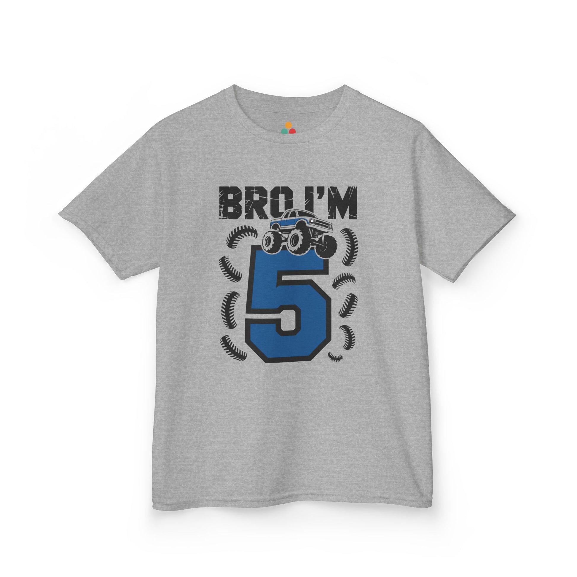 Sport grey kids' t‑shirt with "Bro I'm 5" dirt bike motorcycle graphic in blue and black, flat front view.