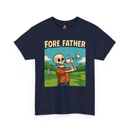 “, navy,  ‘Fore Father’ t‑shirts showing a skeleton dad swinging a golf club, flat view.”

