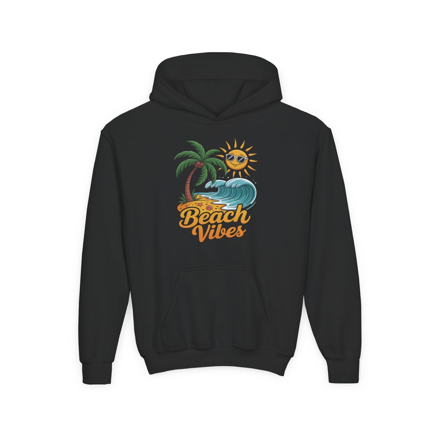 Kids hoodie with Beach Vibes tropical sun and ocean wave design TEEZOCA