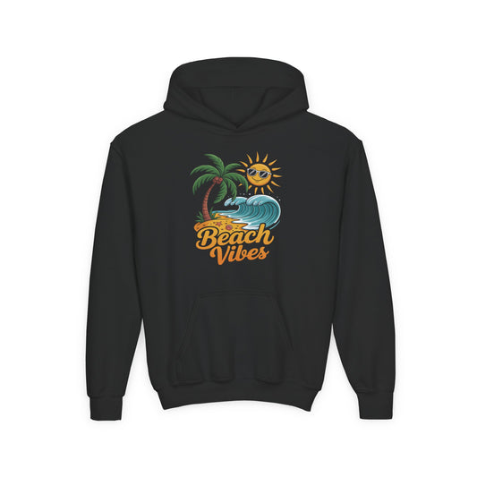 Kids hoodie with Beach Vibes tropical sun and ocean wave design TEEZOCA