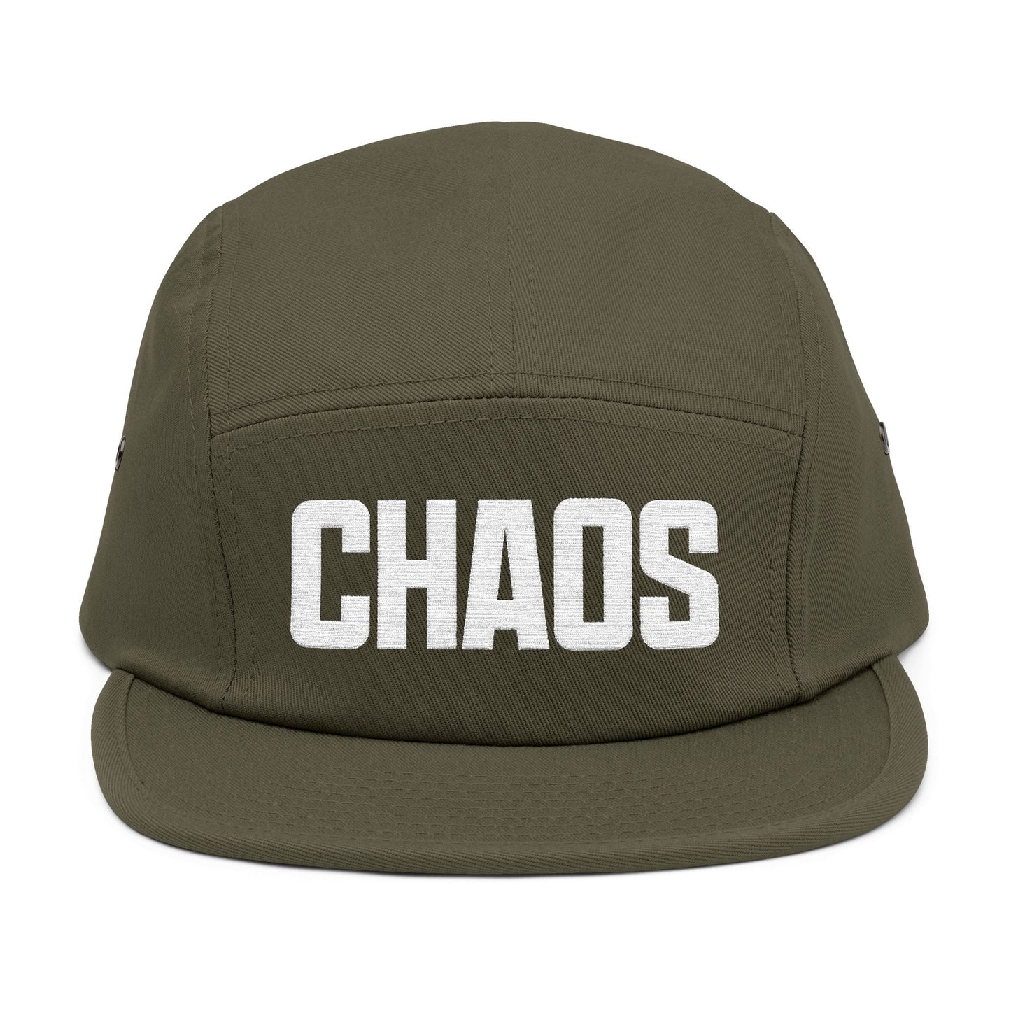 Green cap with 'CHAOS' printed on the front against a white background. CHAOS bold block-letter embroidery design in light beige color. TEEZOCA