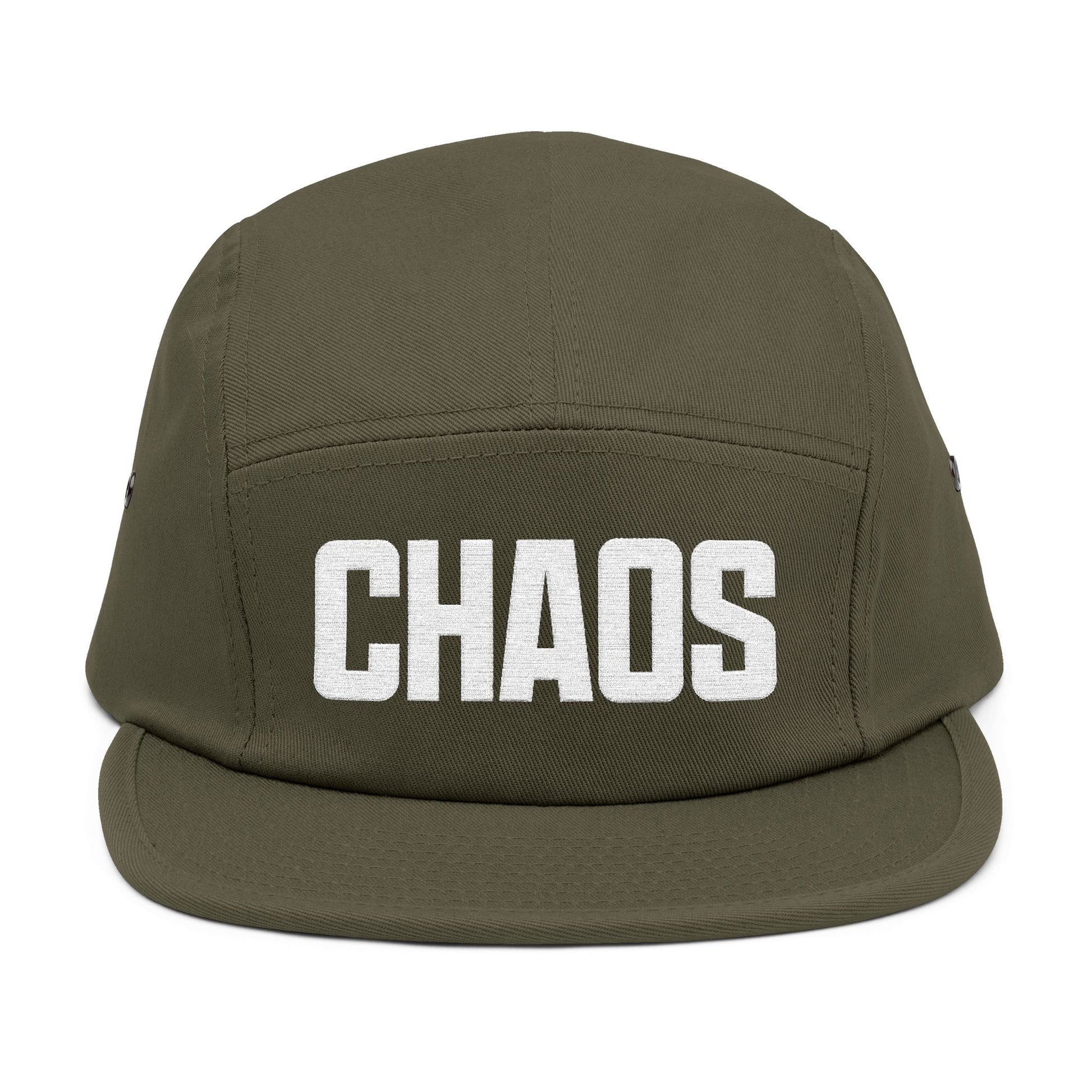Green cap with 'CHAOS' printed on the front against a white background. CHAOS bold block-letter embroidery design in light beige color. TEEZOCA