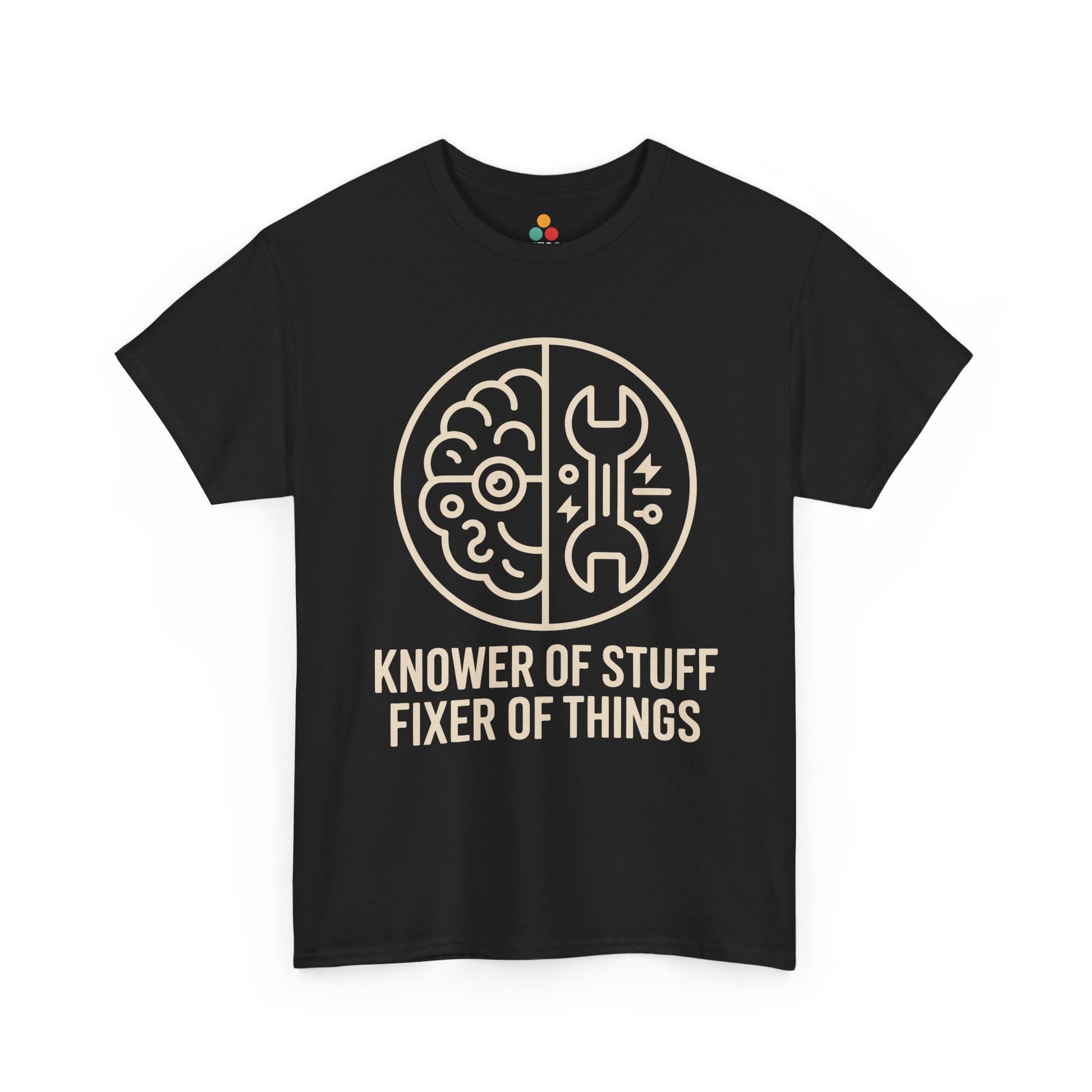 TEEZOCA black “Knower Of Stuff Fixer Of Things” brain and wrench graphic t‑shirt shown flat.