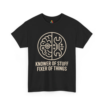 TEEZOCA black “Knower Of Stuff Fixer Of Things” brain and wrench graphic t‑shirt shown flat.