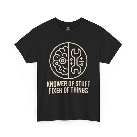 TEEZOCA black “Knower Of Stuff Fixer Of Things” brain and wrench graphic t‑shirt shown flat.