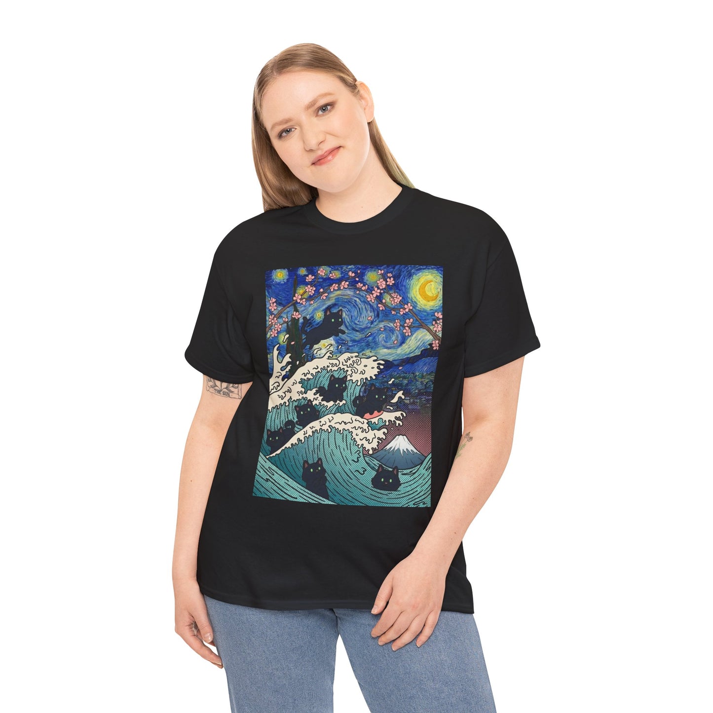 Van Gogh Starry Night Black Cat Wave T-Shirt – Aesthetic Impressionism Inspired Fine Art Tee | TEEZOCA 