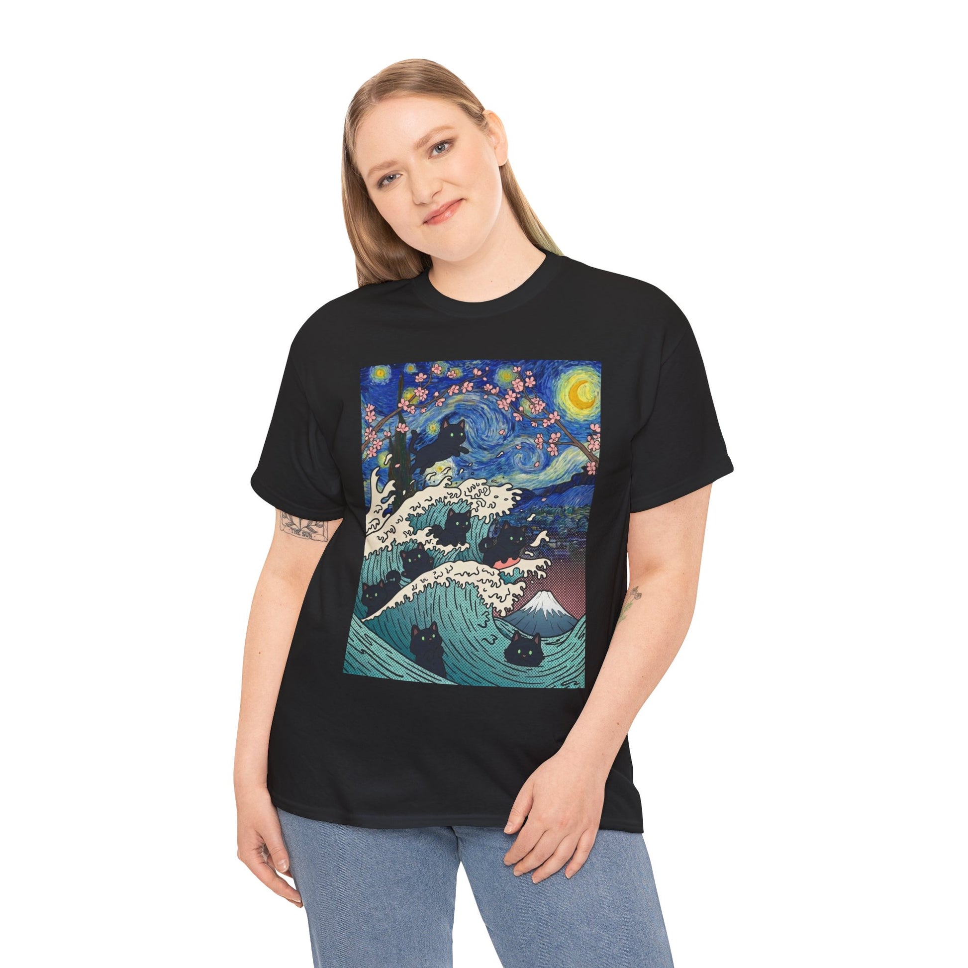 Van Gogh Starry Night Black Cat Wave T-Shirt – Aesthetic Impressionism Inspired Fine Art Tee | TEEZOCA 