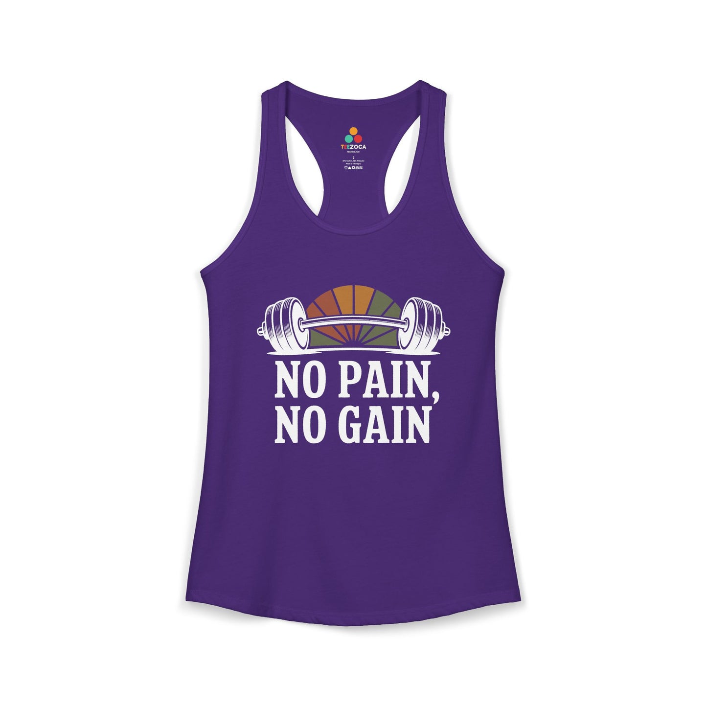 Purple tank top with 'No Pain, No Gain' text and barbell graphic on a white background. TEEZOCA women’s gym tank top with bold strength training and fitness quote design
