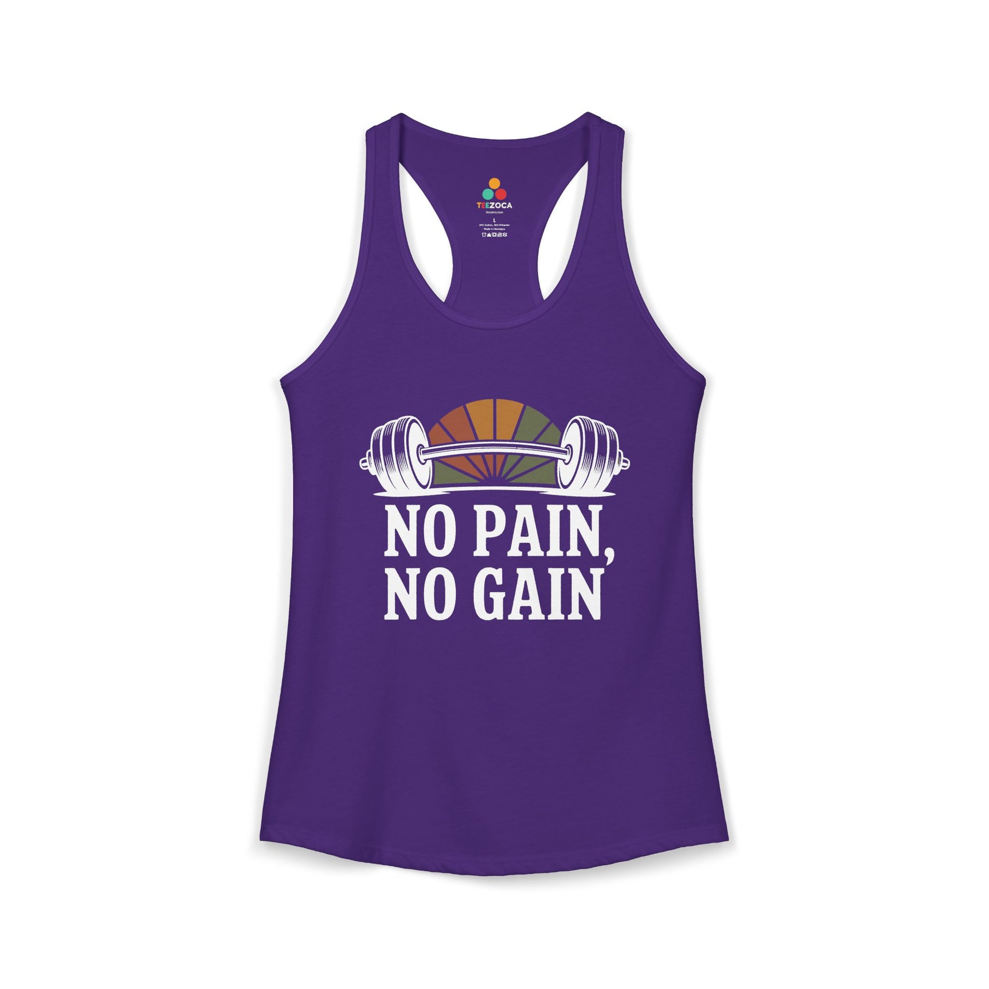 Purple tank top with 'No Pain, No Gain' text and barbell graphic on a white background. TEEZOCA women’s gym tank top with bold strength training and fitness quote design