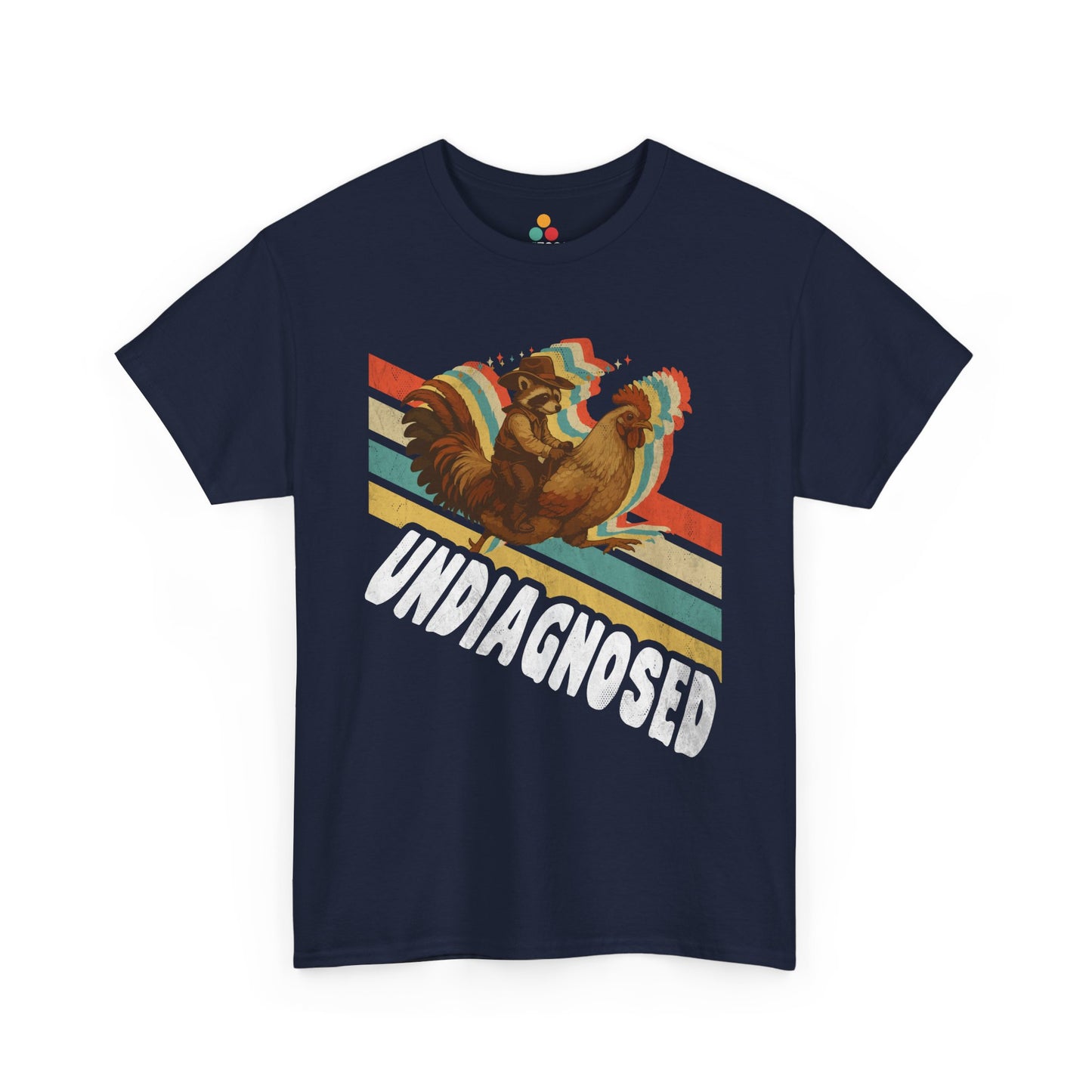 “Teezoca Undiagnosed shirt, vintage rainbow rooster and cowboy raccoon art, navy blue tee, front.”

