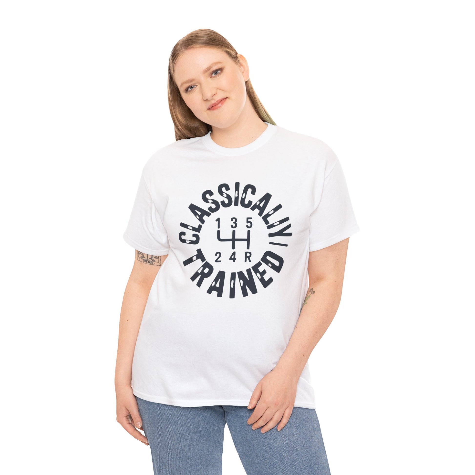Light  t‑shirt with black “Classically Trained” shift‑pattern design, flat front view.​