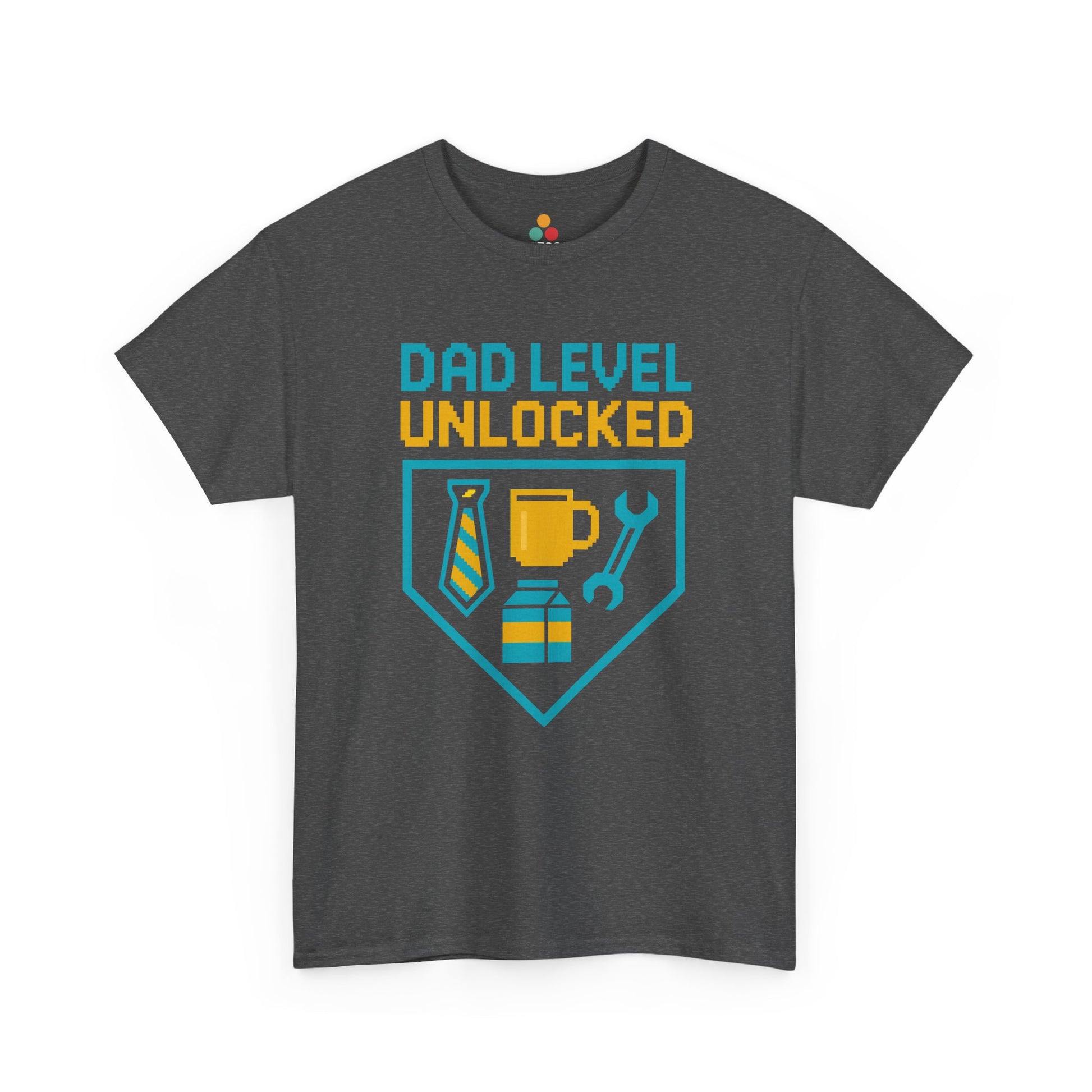 " gray  Dad Level Unlocked' shirts with retro achievement badge design, flat front view."

