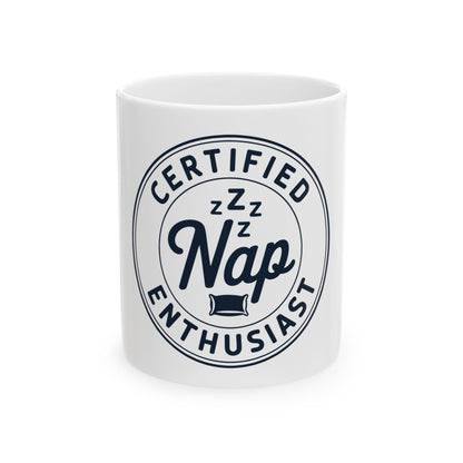 TEEZOCA Certified Nap Enthusiast ceramic mug with sleep theme design
