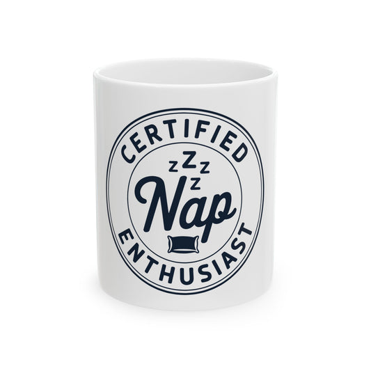 TEEZOCA Certified Nap Enthusiast ceramic mug with sleep theme design