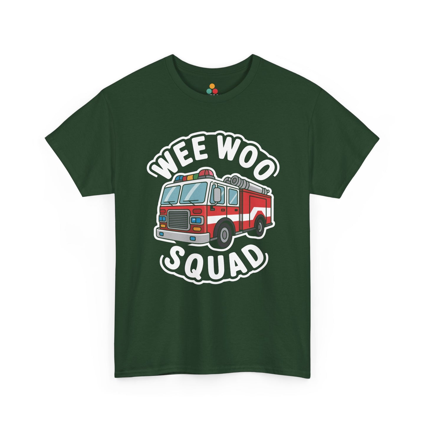 “Teezoca Wee Woo Squad shirt, kids fire truck design with bold white lettering, forest green tee, flat lay.”

