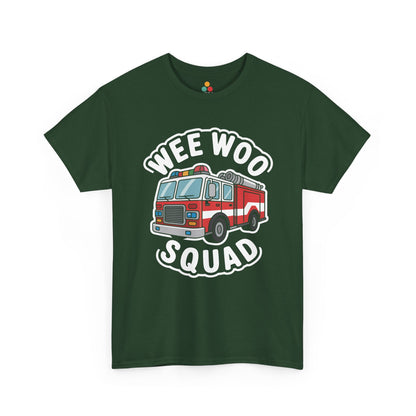 “Teezoca Wee Woo Squad shirt, kids fire truck design with bold white lettering, forest green tee, flat lay.”

