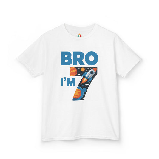 “Kids ‘Bro I’m 7’ space rocket birthday t-shirt in white, large blue text with number 7 filled with planets, stars, and rocket, front flat lay.”



