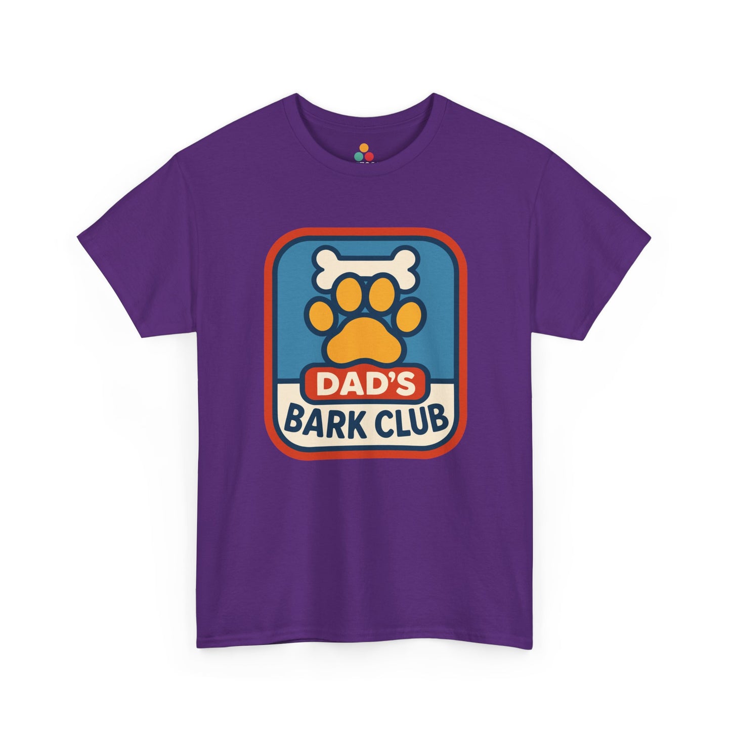 " purple 'Dad's Bark Club' t‑shirts featuring colorful dog paw print and bone, flat view."

