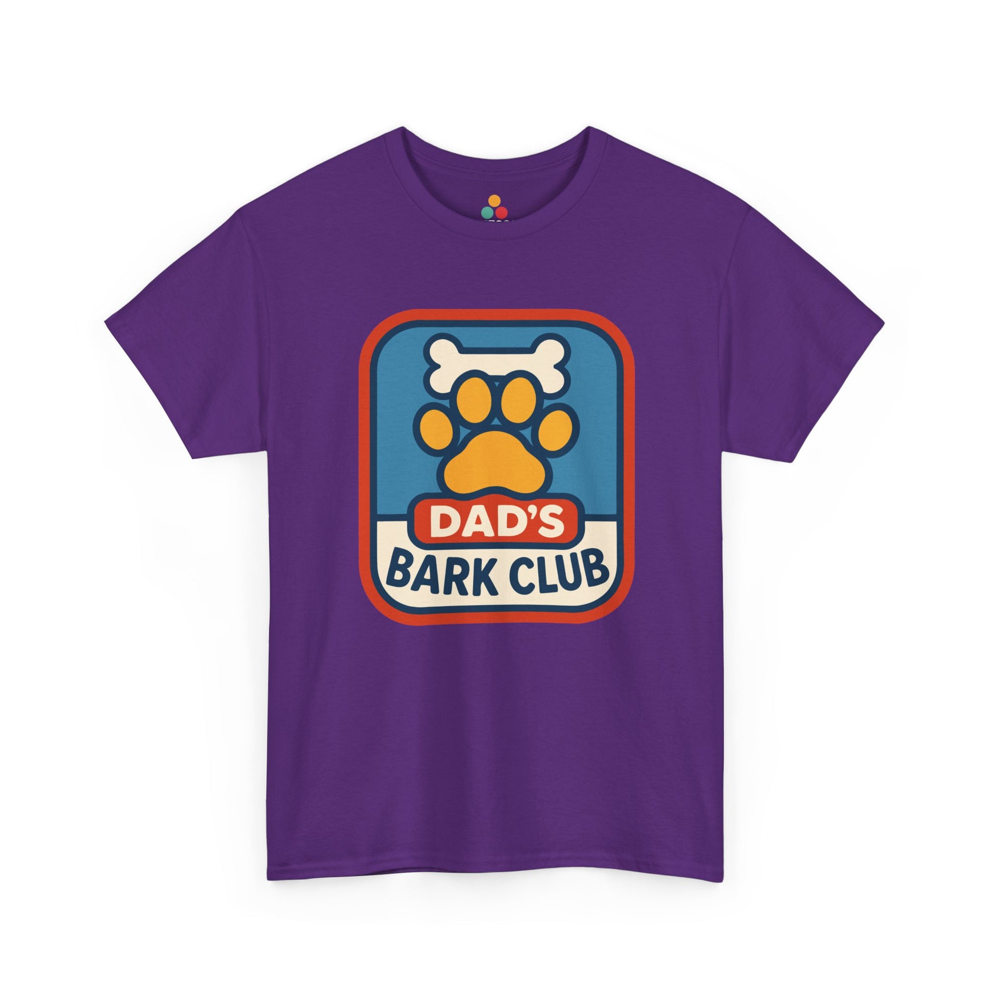 " purple 'Dad's Bark Club' t‑shirts featuring colorful dog paw print and bone, flat view."

