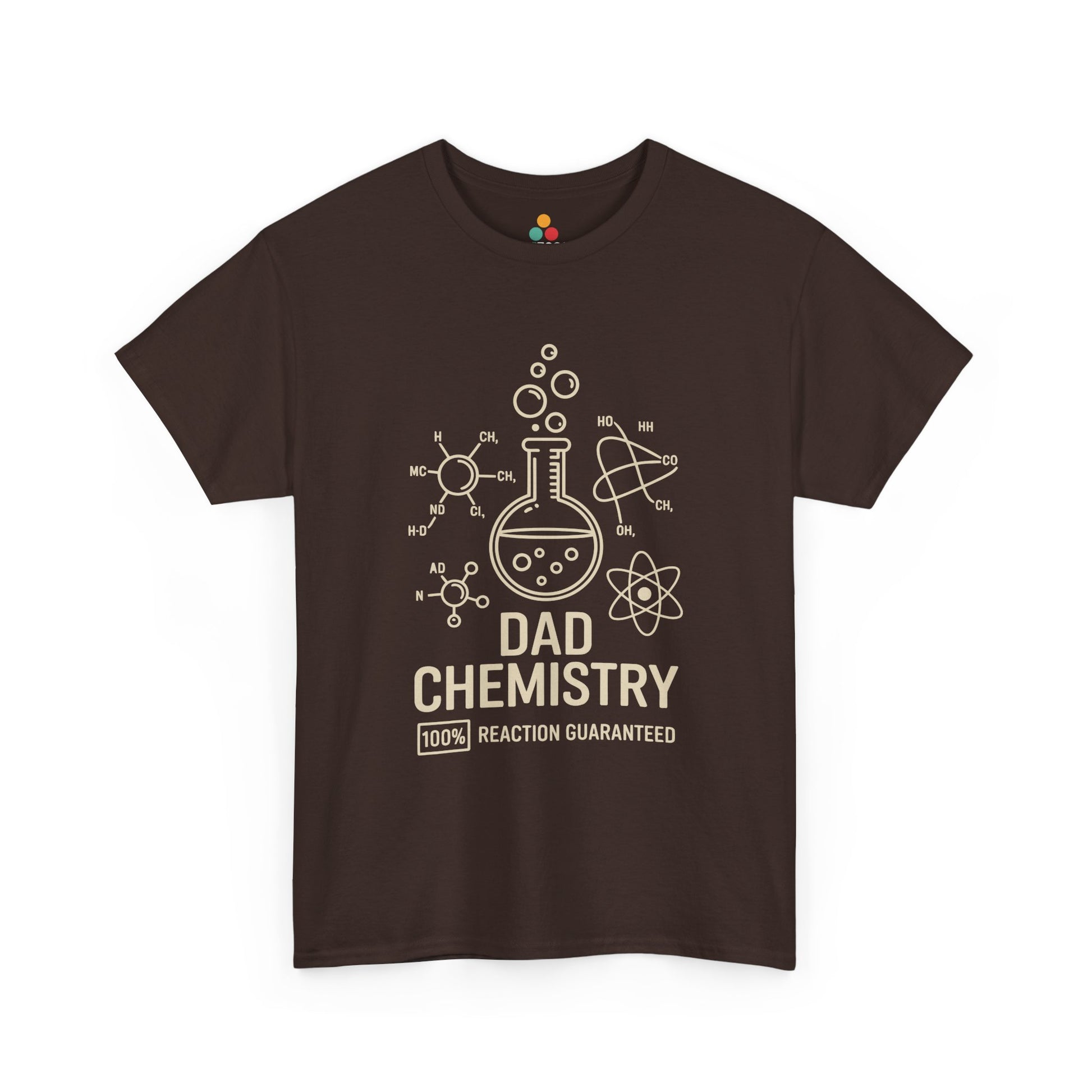TEEZOCA brown “Dad Chemistry 100% Reaction Guaranteed” nerdy dad T‑shirt shown flat.