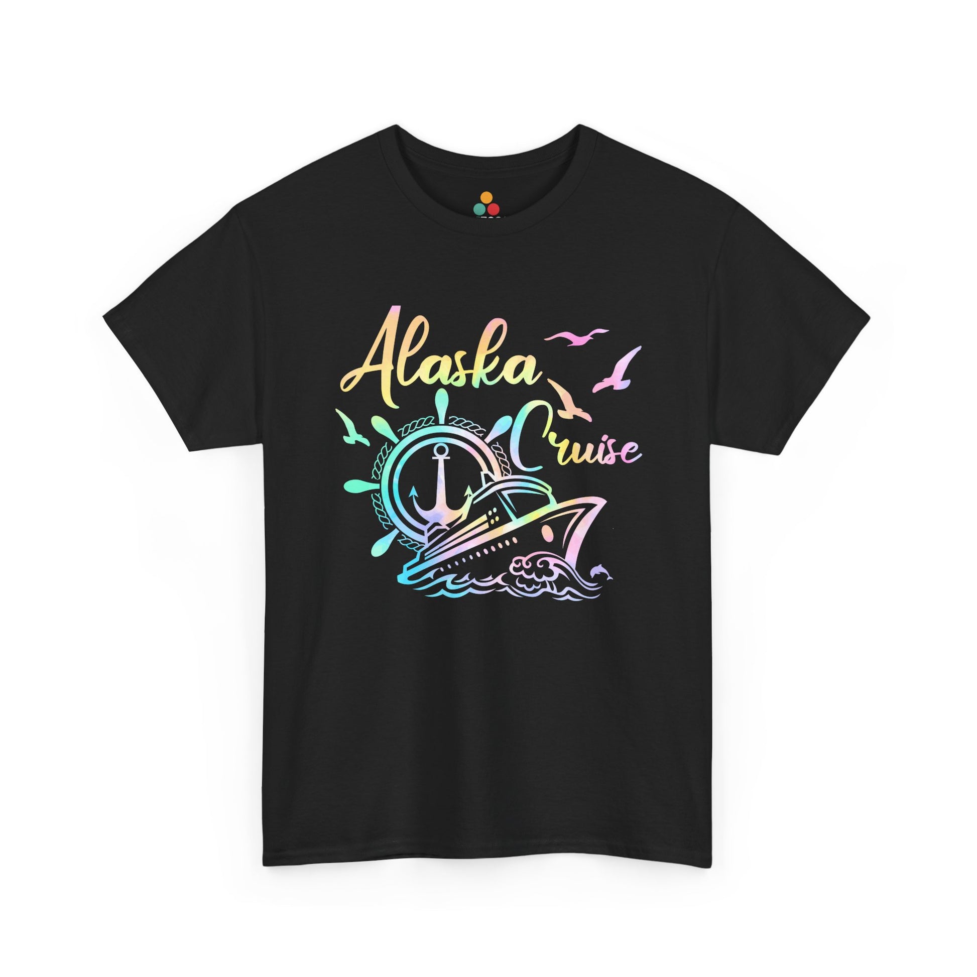 “Teezoca Alaska Cruise shirt, rainbow gradient cruise ship with anchor helm and flying birds, black tee, front view.”

