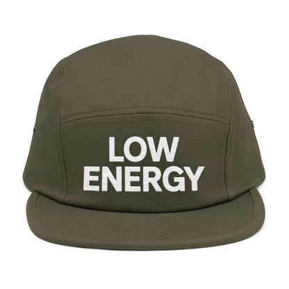 Green cap with 'LOW ENERGY' text on a white background. Low Energy embroidered text on five-panel cap minimalist design. TEEZOCA