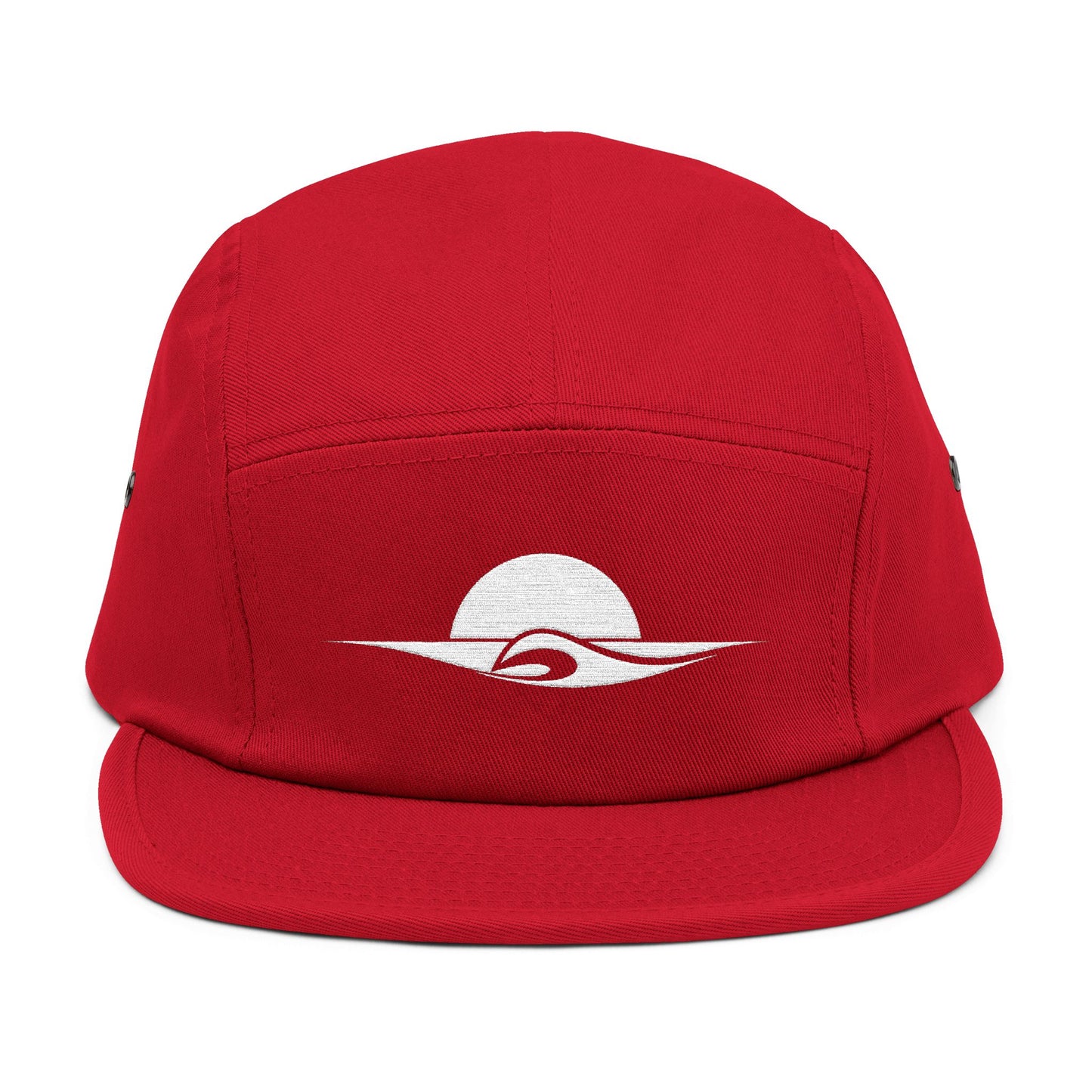 Red cap with a white logo on a white background. Minimal sunset and wave outline embroidered on a 5-panel cap by TEEZOCA