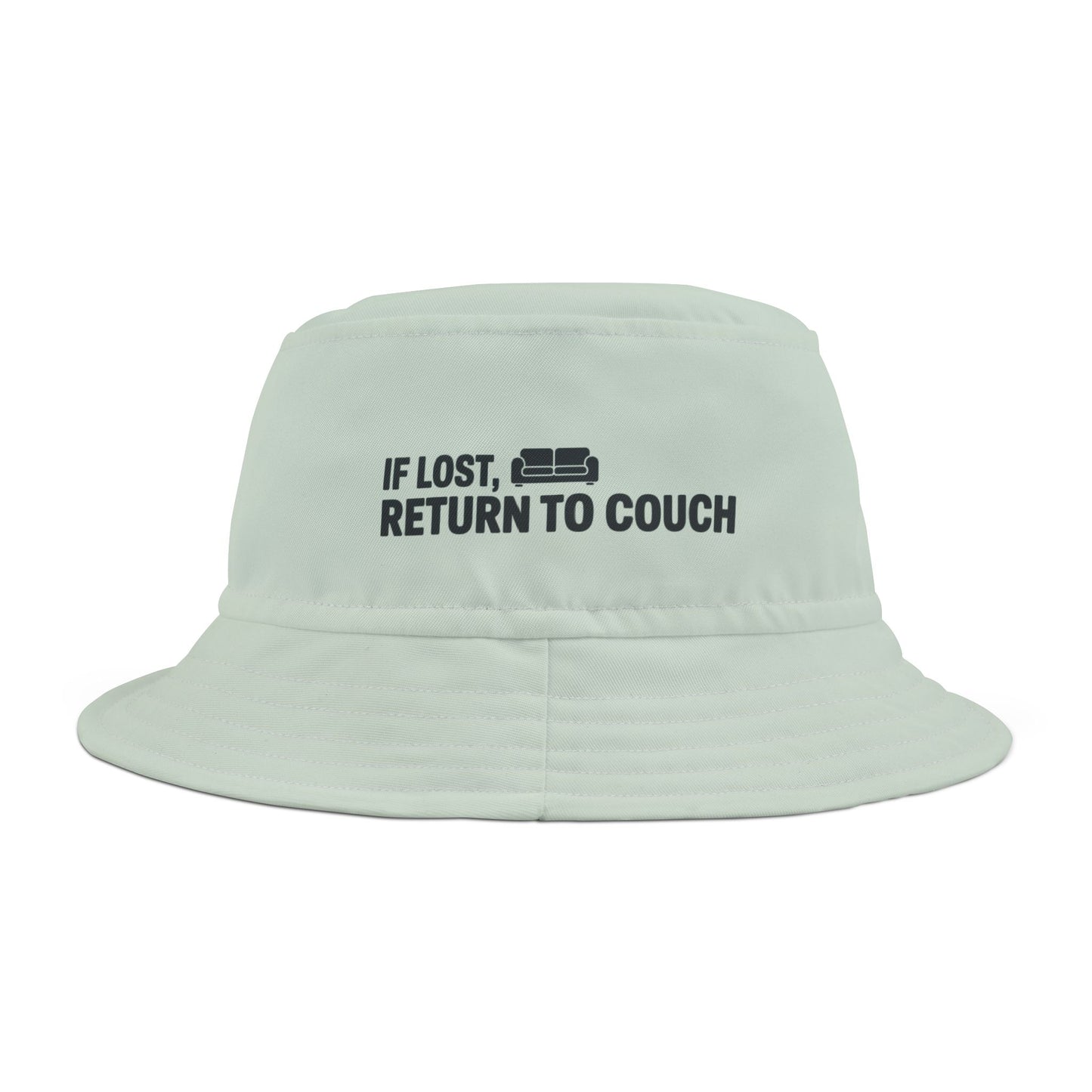 Funny sarcastic light blue bucket hat with text 'IF LOST, RETURN TO COUCH' on a white background. TEEZOCA