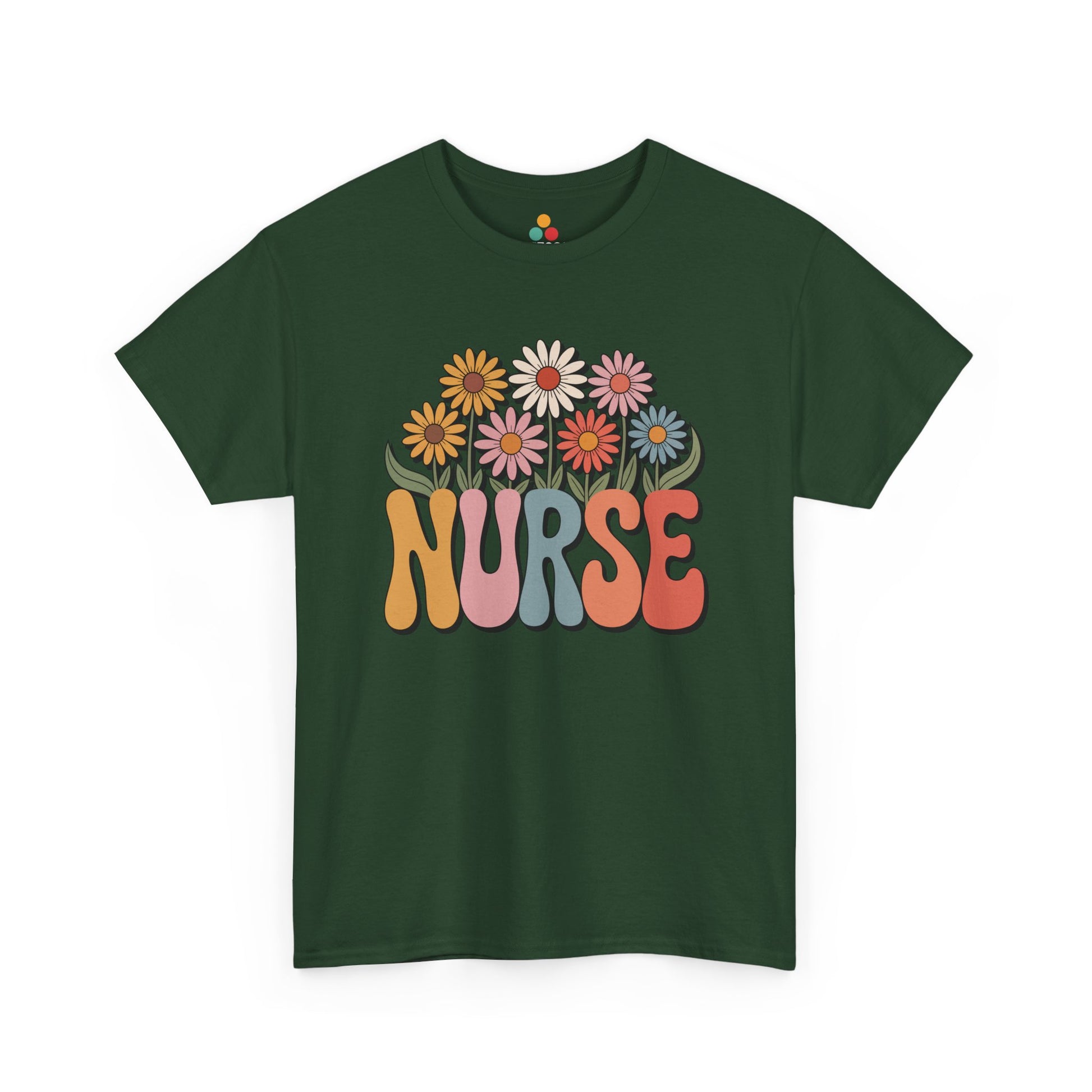 “Teezoca daisy Nurse t-shirt, groovy nurse graphic with flowers, forest green tee, flat front display.”

