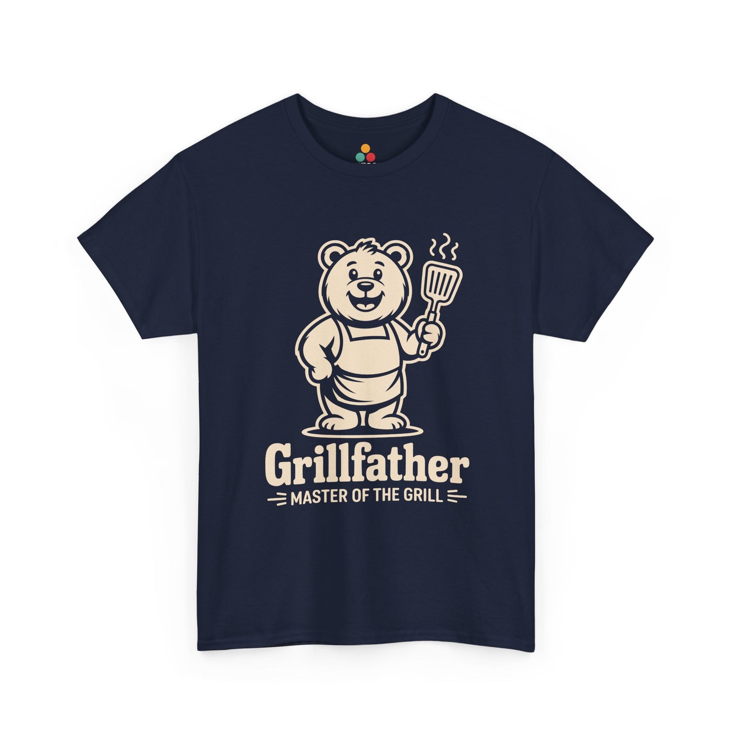 TEEZOCA navy “Grillfather Master Of The Grill” BBQ dad joke T‑shirt shown flat.