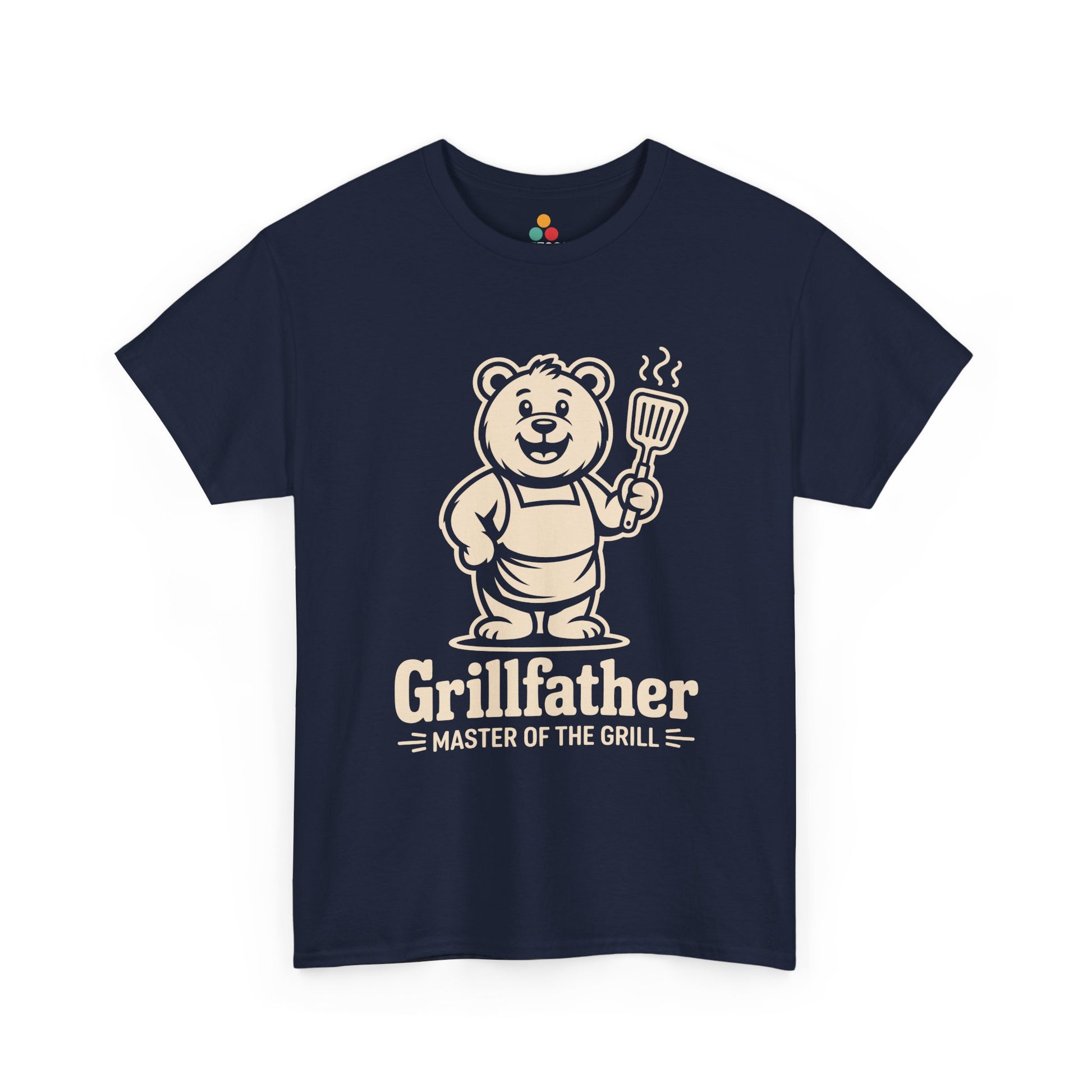 TEEZOCA navy “Grillfather Master Of The Grill” BBQ dad joke T‑shirt shown flat.