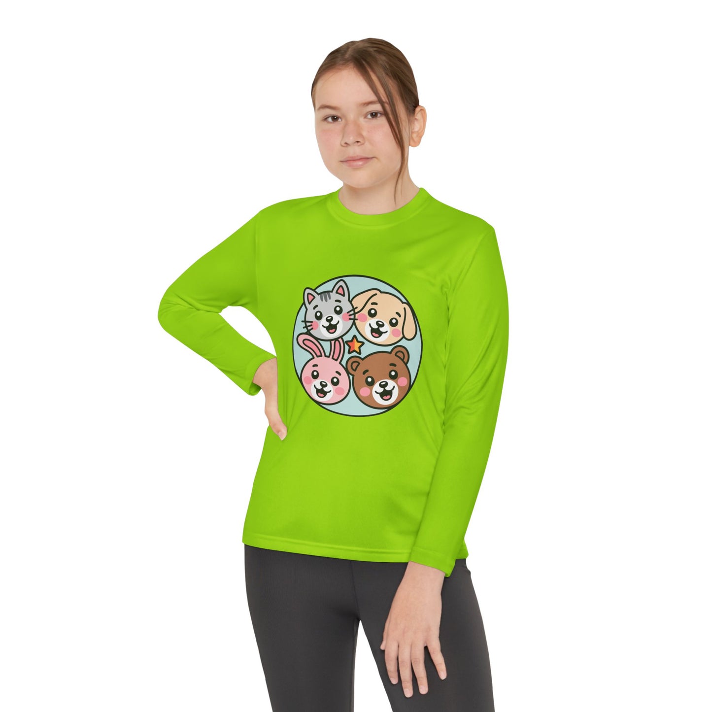 Kids Long Sleeve Tee — Cute Animal Friends Circle (Dog, Cat, Bunny, Bear) TEEZOCA